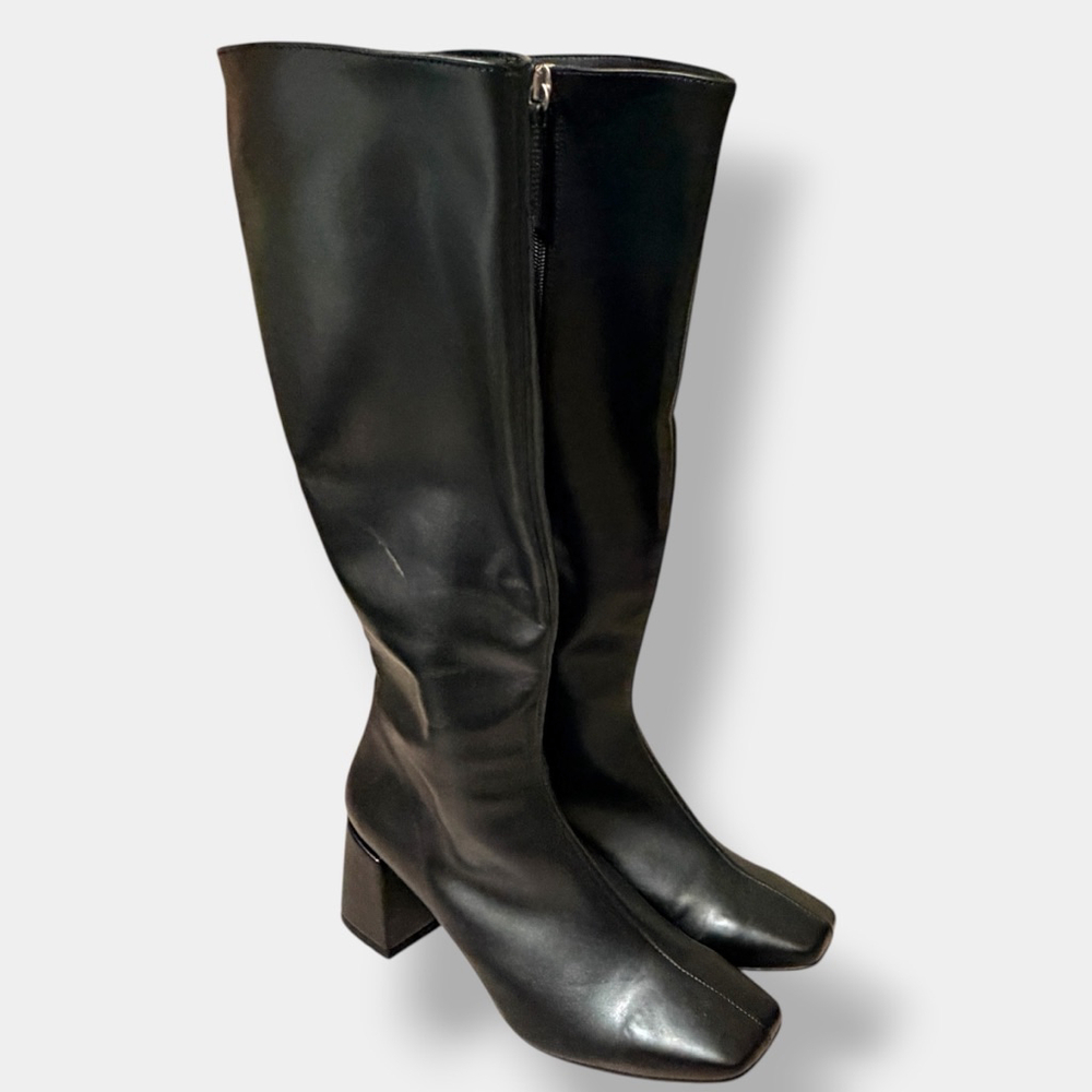 SVEGAN Knee High Boots Black Vegan Leather Square Toe Block Heel Spain EU 36